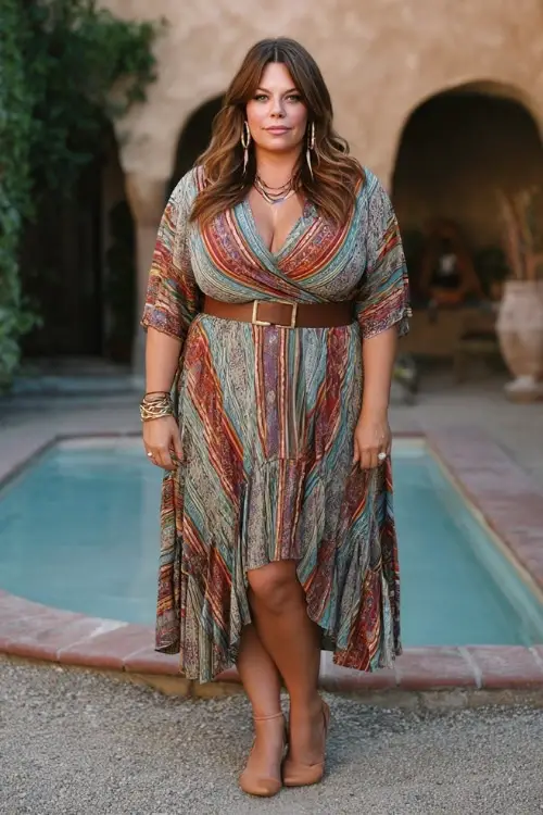 A plus-size woman wears a flattering boho look with a wrap-style midi dress, a waist-defining belt, low block heels, and layered jewelry