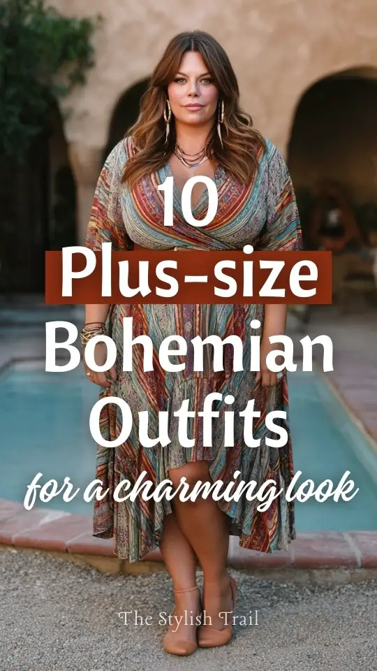 A plus-size woman wears a flattering boho outfit with a wrap-style midi dress, a waist-defining belt, low block heels, and layered jewelry