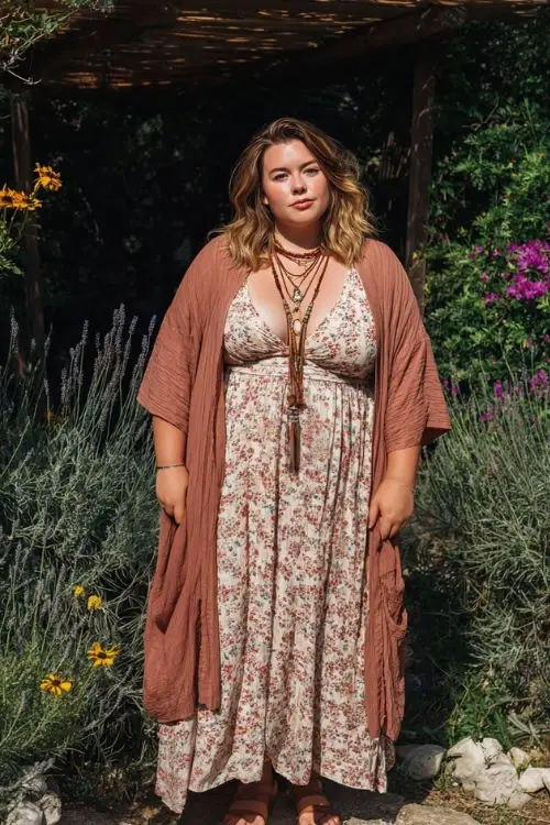 A plus-size woman wears a flowy boho maxi dress with soft floral patterns, flat leather sandals, layered necklaces, and a lightweight kimono, styled in a sunlit outdoor garden