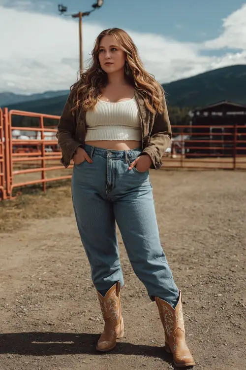 A plus-size woman wears a modern country concert outfit with a soft knit top tucked into high-rise jeans, embroidered cowboy boots, and a cropped jacket 
