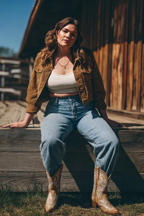 A plus-size woman wears a modern country concert outfit with a soft knit top tucked into high-rise jeans, embroidered cowboy boots, and a cropped jacket 