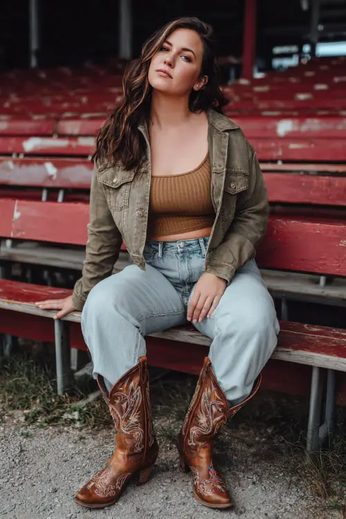 A plus-size woman wears a modern country concert outfit with a soft knit top tucked into high-rise jeans, embroidered cowboy boots, and a cropped jacket