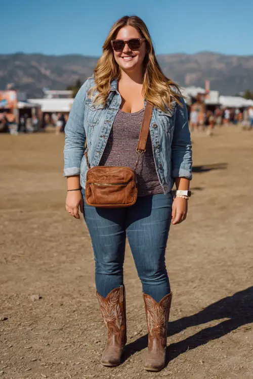 A plus-size woman wears a relaxed country concert outfit with a lightweight denim jacket over a fitted tank top, straight-leg jeans, classic cowboy boots