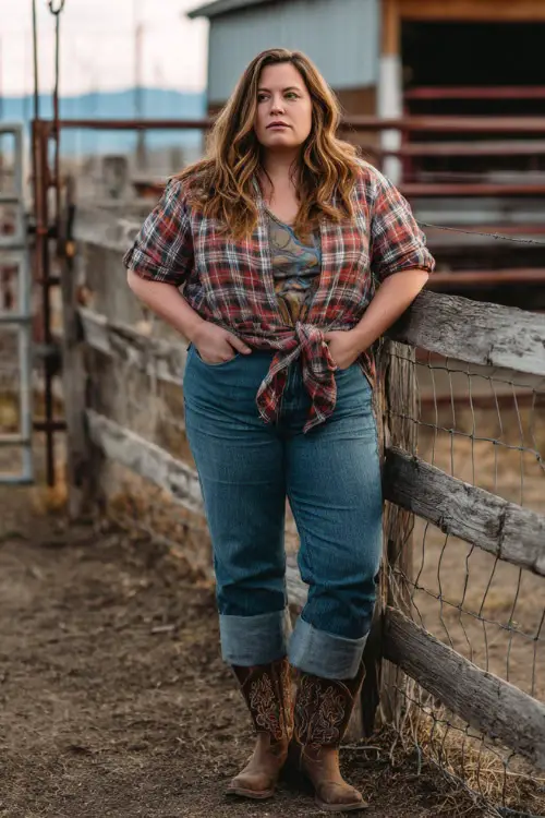 A plus-size woman wears a relaxed western concert look featuring a graphic tee tucked into high-waisted jeans, ankle cowboy boots, and a lightweight flannel tied at the waist