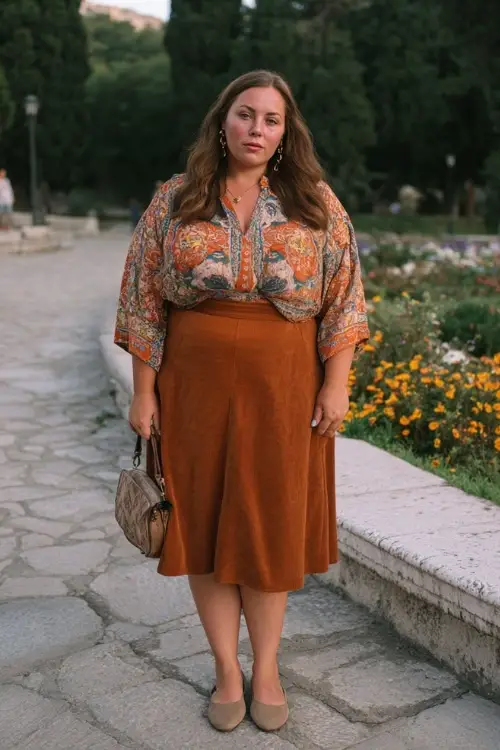 A plus-size woman wears a stylish boho everyday outfit combining a relaxed-fit blouse, a midi skirt, comfortable flats, and subtle accessories, styled in a peaceful city park