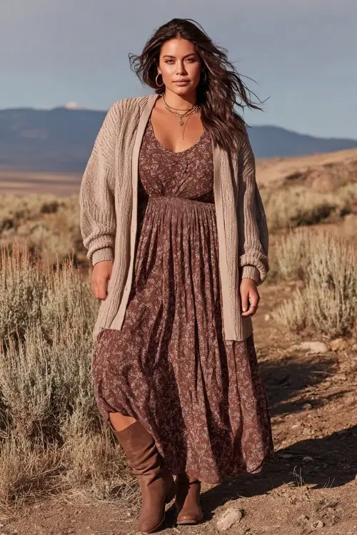 A plus-size woman wears an effortless boho ensemble with a monochrome maxi dress, a lightweight cardigan, ankle boots, and minimal jewelry, styled in a neutral outdoor background 