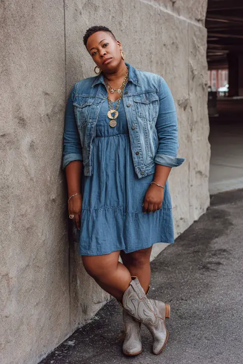 A plus-size woman wears an elegant country concert outfit with a flowy knee-length dress, structured denim jacket, classic cowboy boots, and subtle gold jewelry 