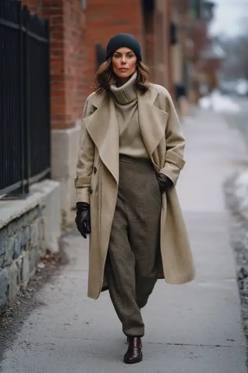 A woman dressed in a belted cashmere coat paired with a fine knit sweater, wool trousers, leather gloves, and polished loafers