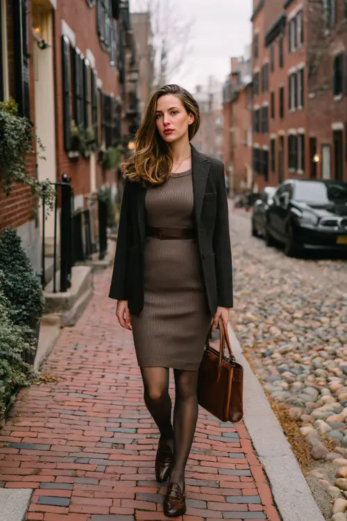 A woman dressed in a midi knit dress paired with a tailored wool blazer, sheer tights, leather loafers, and a structured handbag, walking through a historic district in winter