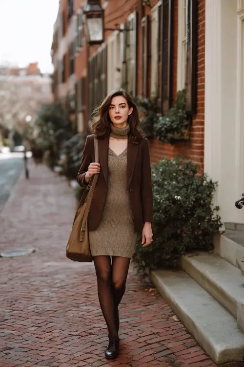 A woman dressed in a midi knit dress paired with a tailored wool blazer, sheer tights, leather loafers, and a structured handbag, walking through a historic district in winter