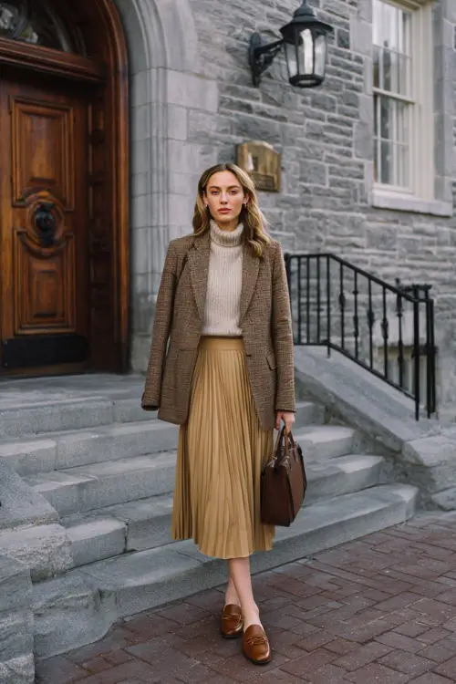 A woman dressed in a pleated midi skirt paired with a structured tweed blazer, fine knit sweater, leather loafers, and a top-handle handbag