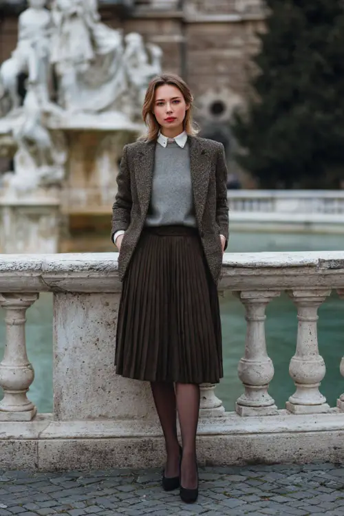A woman dressed in a pleated midi skirt paired with a tweed blazer, fine knit sweater, sheer tights, and classic leather pumps, posing in a quiet winter square 