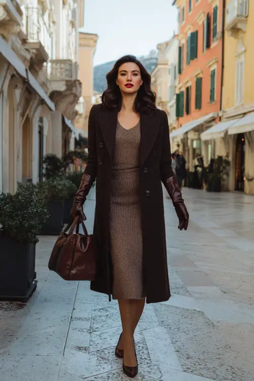 A woman dressed in a polished winter look with a knit midi dress, long wool coat, leather gloves, and elegant leather shoes, walking through an upscale shopping street in winter