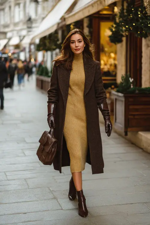 A woman dressed in a polished winter look with a knit midi dress, long wool coat, leather gloves, and elegant leather shoes, walking through an upscale shopping street in winter