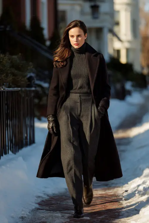 A woman dressed in a refined cold-weather ensemble with a long coat, fine knit sweater, wool trousers, leather gloves, and polished leather shoes