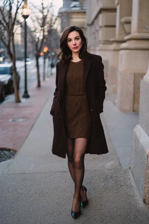 A woman dressed in a refined winter ensemble with a knit dress, tailored coat, sheer tights, and classic leather pumps, standing on a quiet city sidewalk in winter