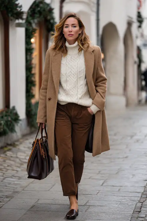 A woman dressed in a relaxed winter look with a tailored coat, fine knit sweater, classic trousers, leather flats, and a structured tote 