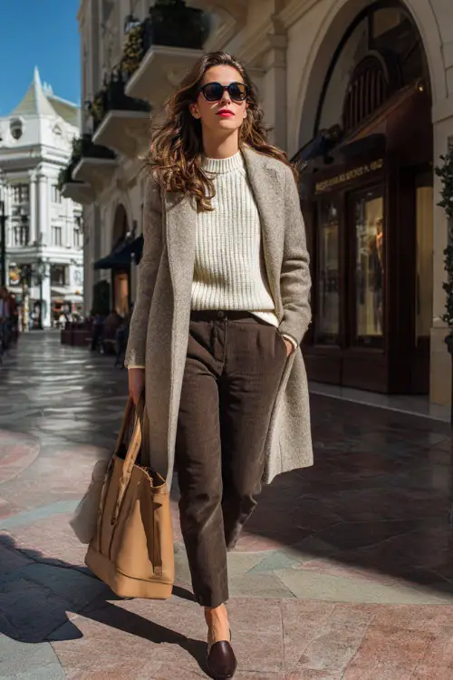 A woman dressed in a relaxed winter look with a tailored coat, fine knit sweater, classic trousers, leather flats, and a structured tote