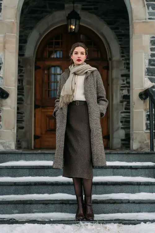 A woman dressed in a structured tweed coat layered over a fine knit top and wool skirt, styled with sheer tights, leather pumps, and a silk scarf