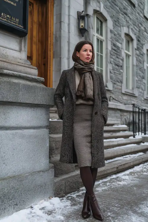 A woman dressed in a structured tweed coat layered over a fine knit top and wool skirt, styled with sheer tights, leather pumps, and a silk scarf (