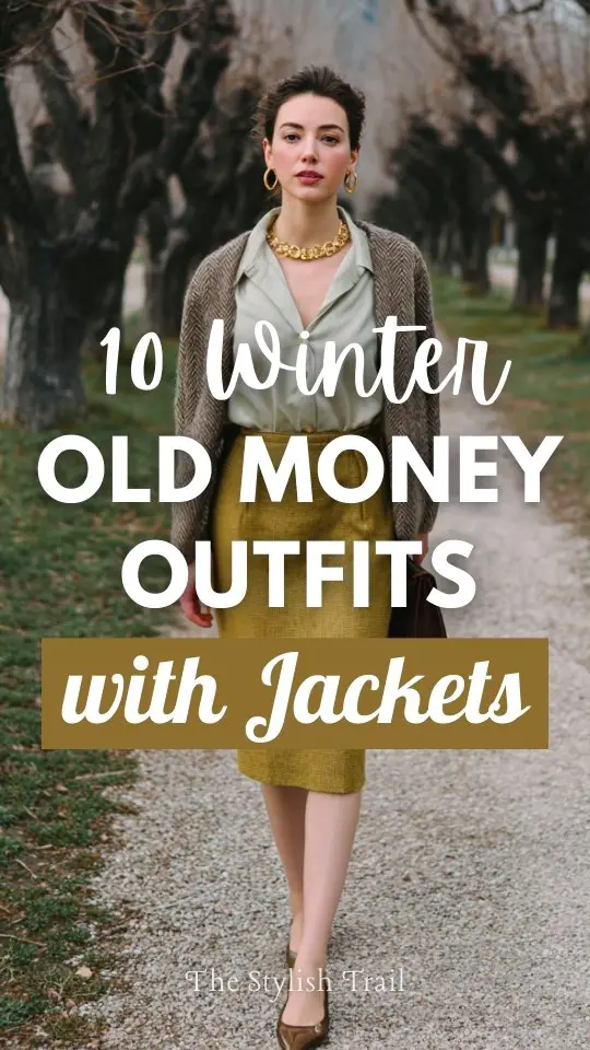 A woman dressed in a winter old money outfit with jacket, a wool midi skirt, silk blouse, leather ballet flats, and minimal gold jewelry