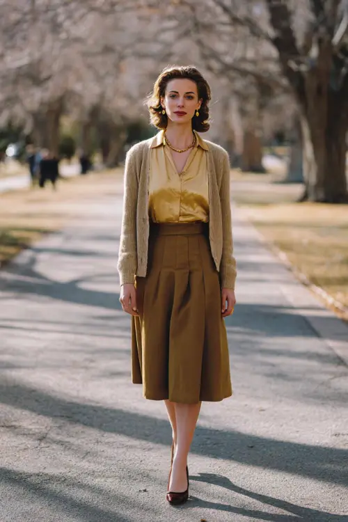 A woman dressed in a wool midi skirt paired with a tailored cardigan, silk blouse, leather ballet flats, and minimal gold jewelry, walking through a quiet park with bare winter trees