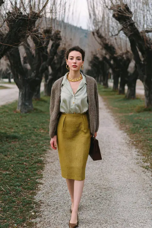 A woman dressed in a wool midi skirt paired with a tailored cardigan, silk blouse, leather ballet flats, and minimal gold jewelry, walking through a quiet park with bare winter trees 