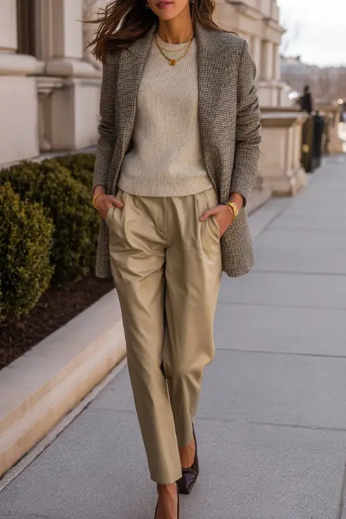 A woman dressed in neutral-toned trousers paired with a fine knit sweater, classic wool blazer, leather flats, and minimal gold jewelry, walking along an upscale sidewalk in winter