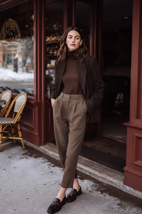 A woman dressed in tailored trousers paired with a soft knit turtleneck, cropped wool jacket, leather loafers, and minimal accessories