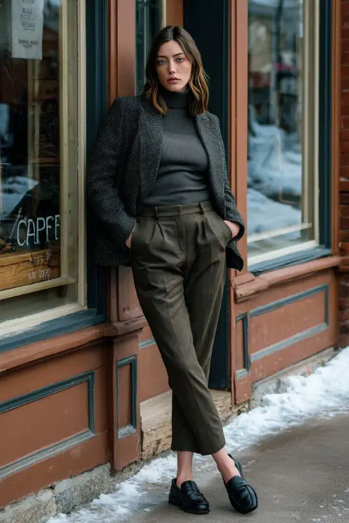A woman dressed in tailored trousers paired with a soft knit turtleneck, cropped wool jacket, leather loafers, and minimal accessories