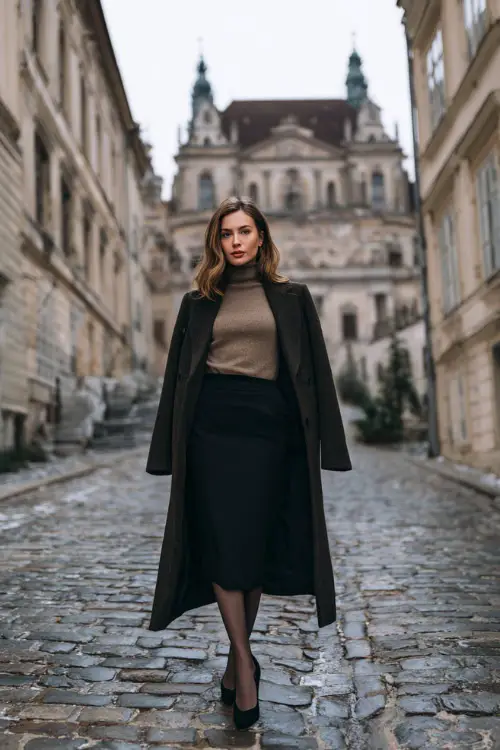 A woman in a black midi skirt paired with a fitted cashmere sweater, long wool coat, sheer tights, and classic pumps