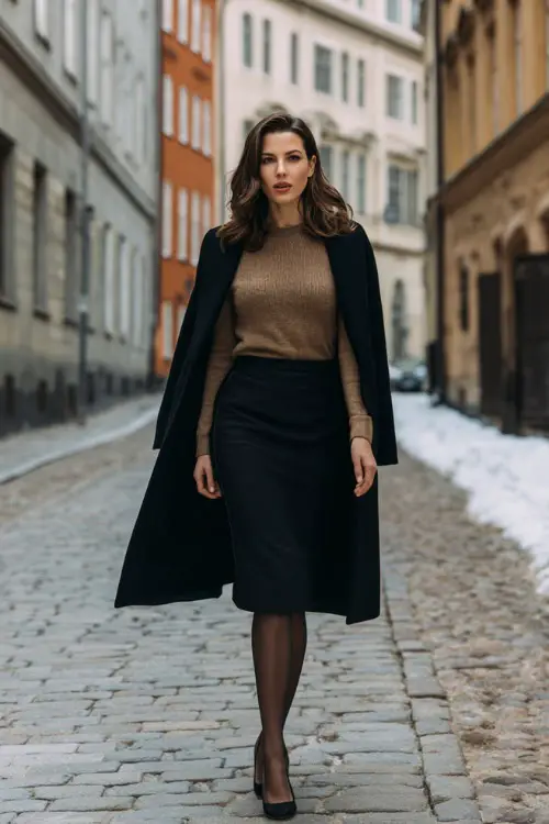 A woman in a black midi skirt paired with a fitted cashmere sweater, long wool coat, sheer tights, and classic pumps, walking along a cobblestone street with winter architecture
