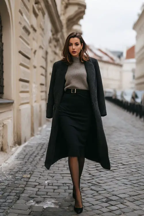 A woman in a black midi skirt paired with a fitted cashmere sweater, long wool coat, sheer tights, and classic pumps