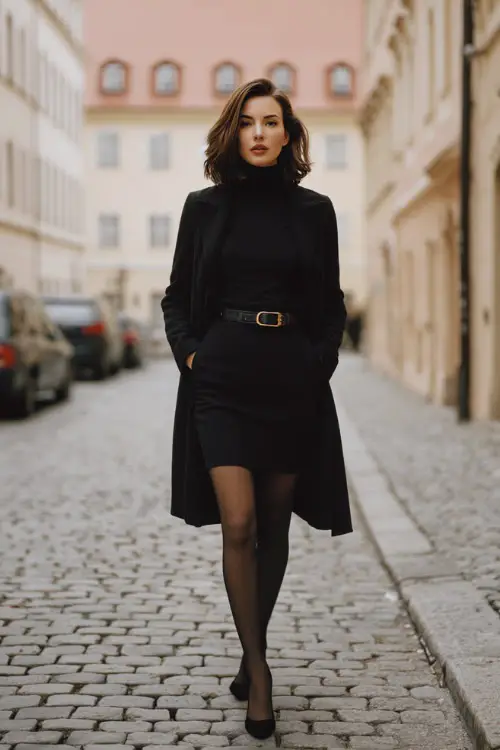 A woman in a fitted long-sleeve dress paired with a long tailored coat, leather belt, sheer tights, and classic pumps, walking along a cobblestone street with winter architecture