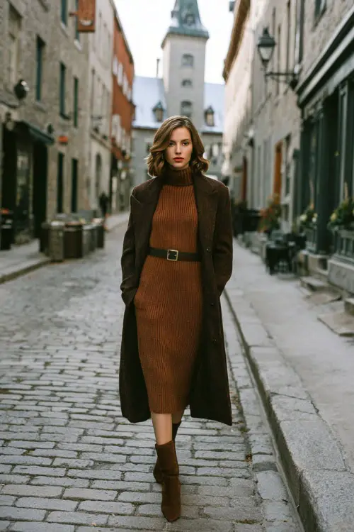 A woman in a knit midi dress paired with a long wool coat, leather belt, and pointed-toe ankle boots, walking along a cobblestone street with winter architecture 