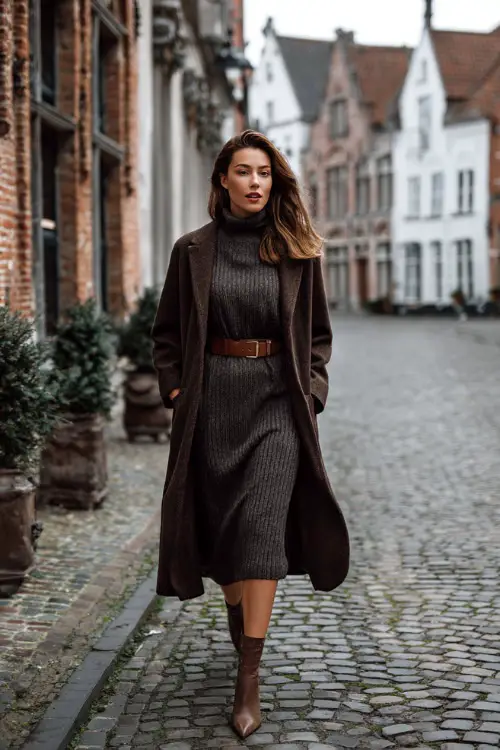 A woman in a knit midi dress paired with a long wool coat, leather belt, and pointed-toe ankle boots, walking along a cobblestone street with winter architecture
