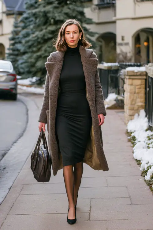 A woman in a long-sleeve midi dress paired with a cashmere coat, leather pumps, sheer tights, and a structured tote, walking along an upscale residential street in winter