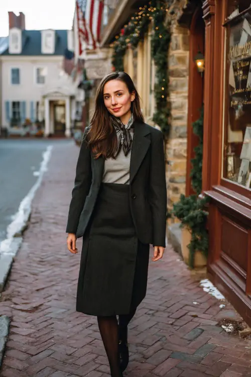 A woman in a midi skirt paired with a tailored wool blazer, fine knit top, sheer tights, and polished loafers, walking through a historic district in winter