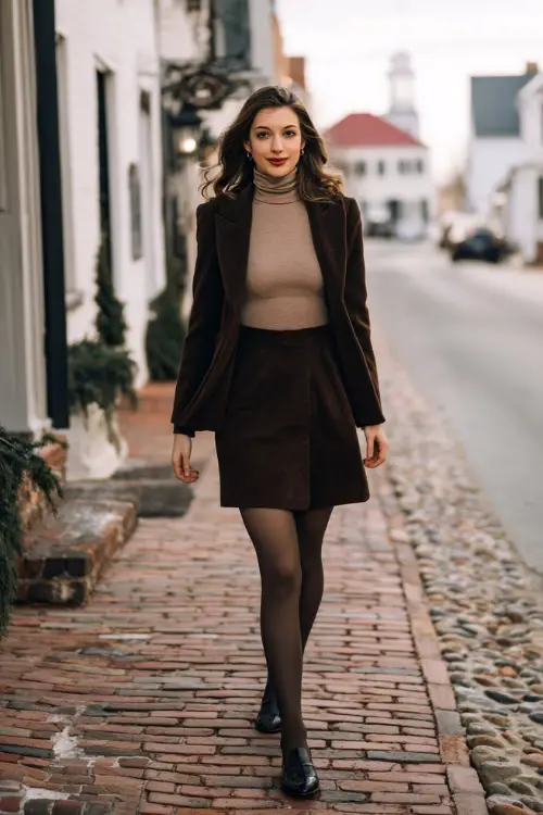 A woman in a midi skirt paired with a tailored wool blazer, fine knit top, sheer tights, and polished loafers, walking through a historic district in winter