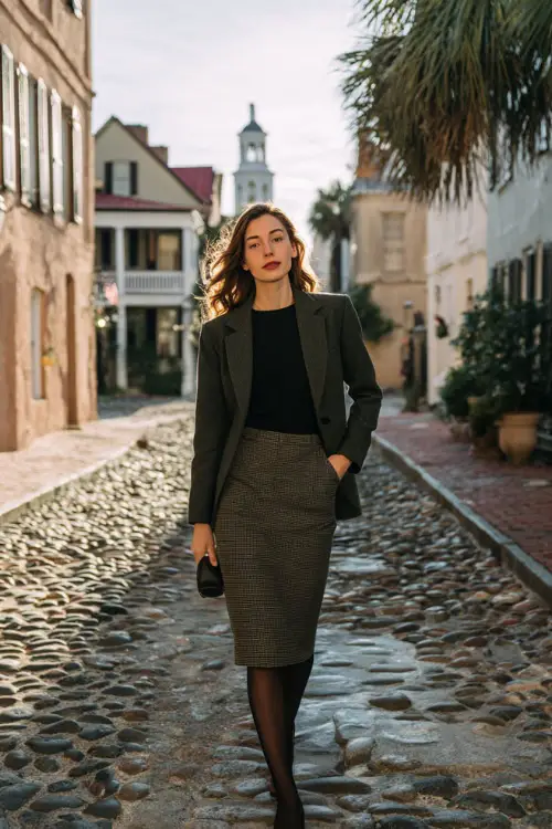 A woman in a midi skirt paired with a tailored wool blazer, fine knit top, sheer tights, and polished loafers, walking through a historic district in winter