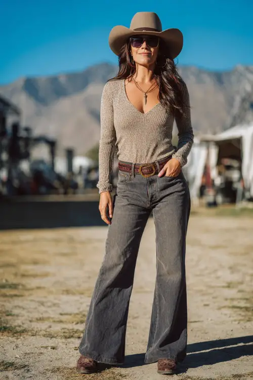 A woman in her 30s wears a casual-chic western concert outfit featuring a knit top tucked into straight-leg jeans, ankle cowboy boots, and a wide-brim felt hat 