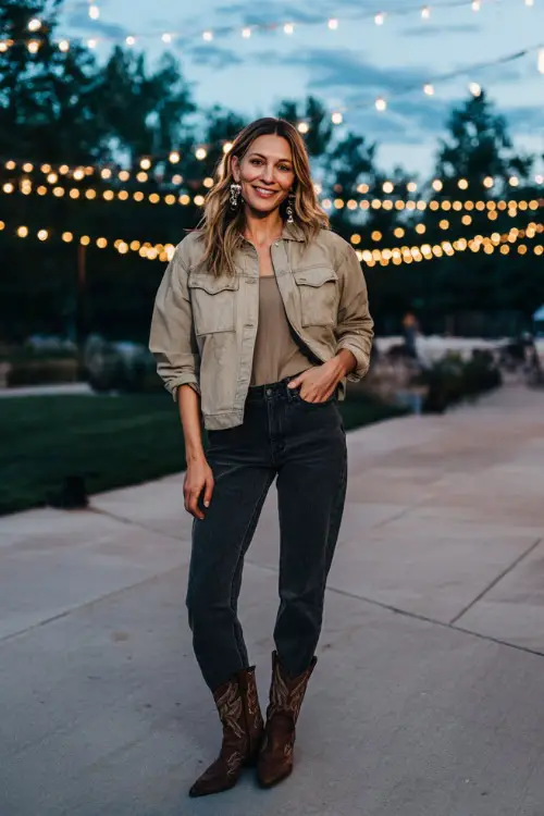 A woman in her 30s wears a chic western concert look featuring a cropped jacket layered over a neutral top, dark-wash jeans, pointed-toe cowboy boots 