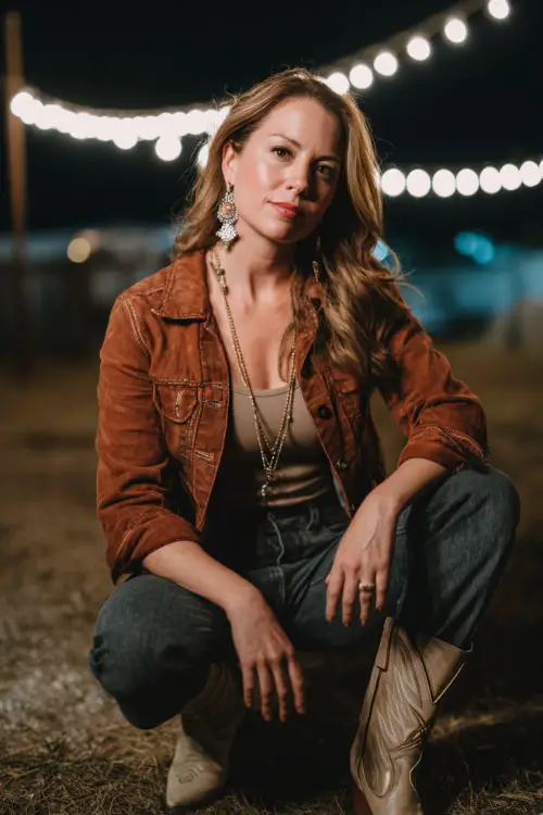 A woman in her 30s wears a chic western concert look featuring a cropped jacket layered over a neutral top, dark-wash jeans, pointed-toe cowboy boots