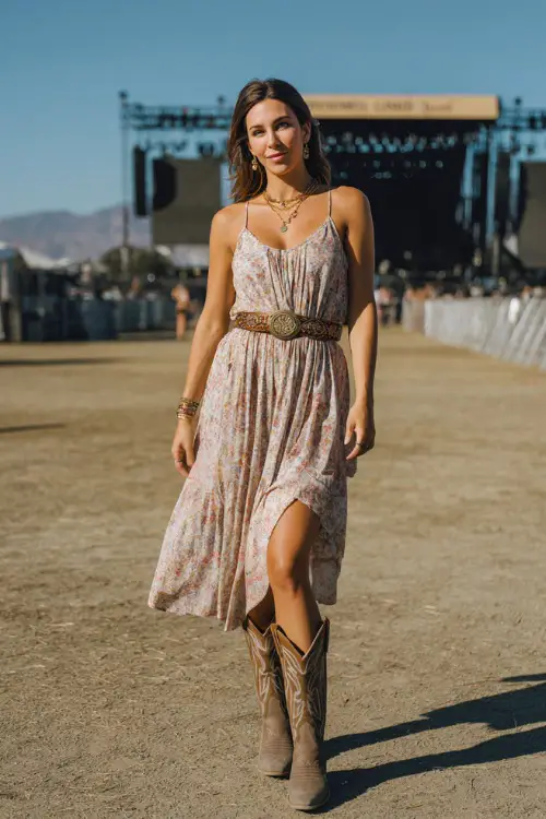 A woman in her 30s wears a feminine country concert outfit with a flowy midi dress cinched with a western belt, classic cowboy boots, and minimal gold jewelry