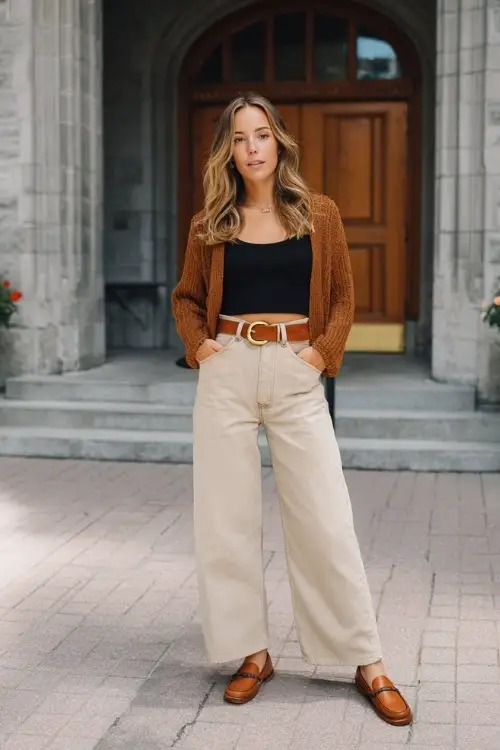 A woman in her 30s wears a modern boho spring outfit featuring wide-leg jeans, a cropped knit cardigan, loafers, and a leather belt, styled in a stylish city courtyard 