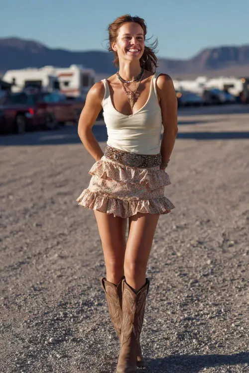 A woman in her 30s wears a playful country concert outfit with a ruffled mini skirt paired with a simple tank top, tall cowboy boots, and a statement belt 