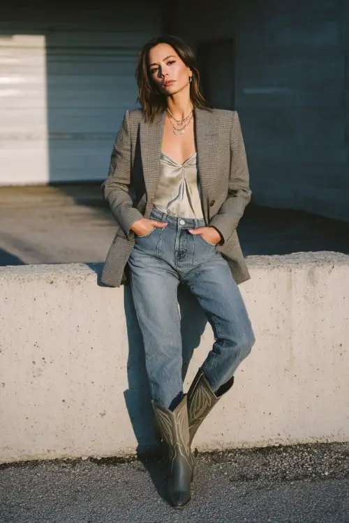 A woman in her 30s wears a polished western concert look featuring a tailored blazer layered over a camisole, straight-leg denim jeans, pointed cowboy boots 