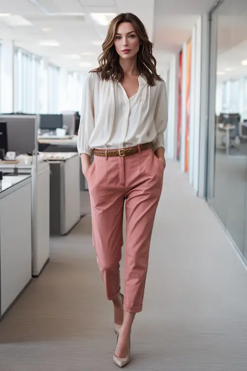 A woman in her 30s wears a refined boho work look featuring tailored ankle-length trousers, a flowy blouse with gentle draping, a slim leather belt, and classic pumps 