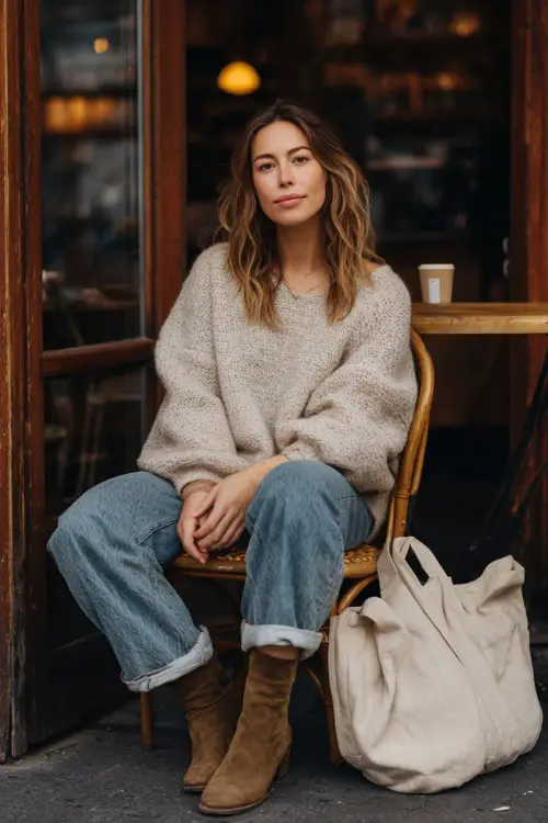 A woman in her 30s wears a relaxed boho look featuring a soft oversized knit sweater, straight-leg jeans, ankle boots, and a slouchy tote bag, styled in a cozy café exterior 