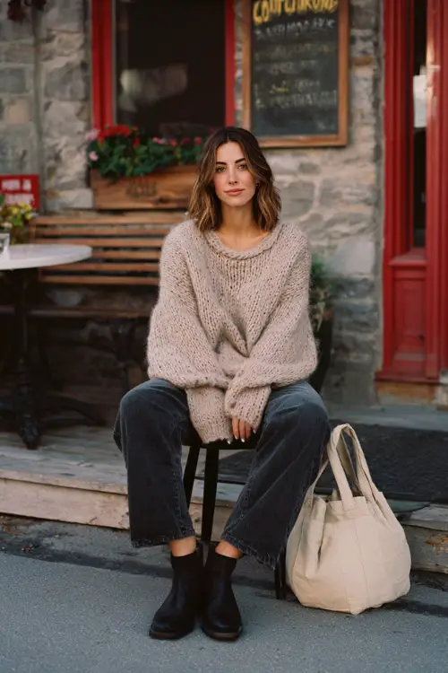 A woman in her 30s wears a relaxed boho look featuring a soft oversized knit sweater, straight-leg jeans, ankle boots, and a slouchy tote bag, styled in a cozy café exterior